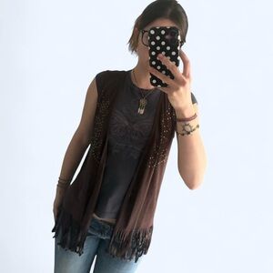 new directions Brown Fringe Studded Open Vest
